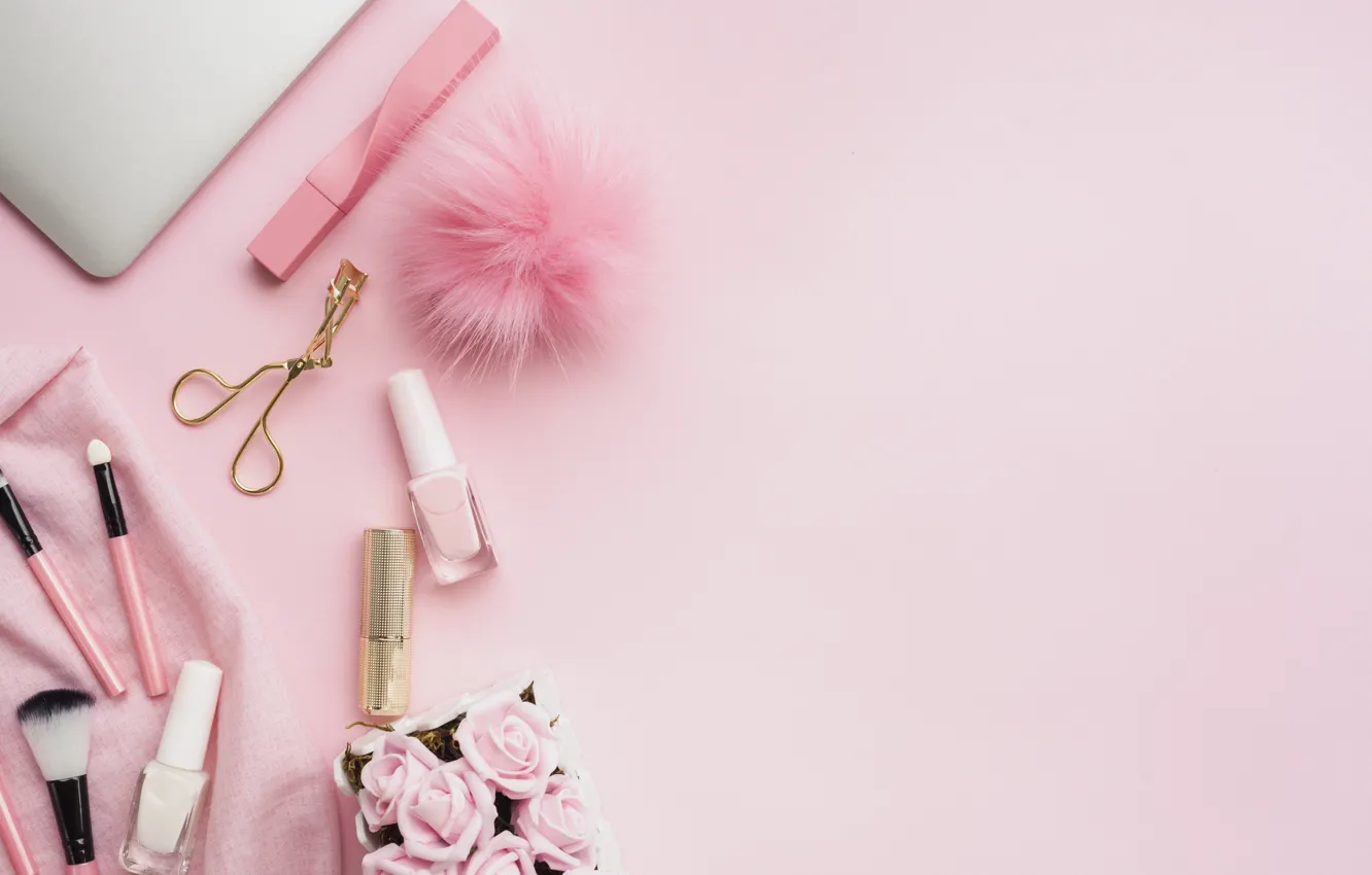 Photo wallpaper pink, instrumento, brush, pink background, pink, nail Polish