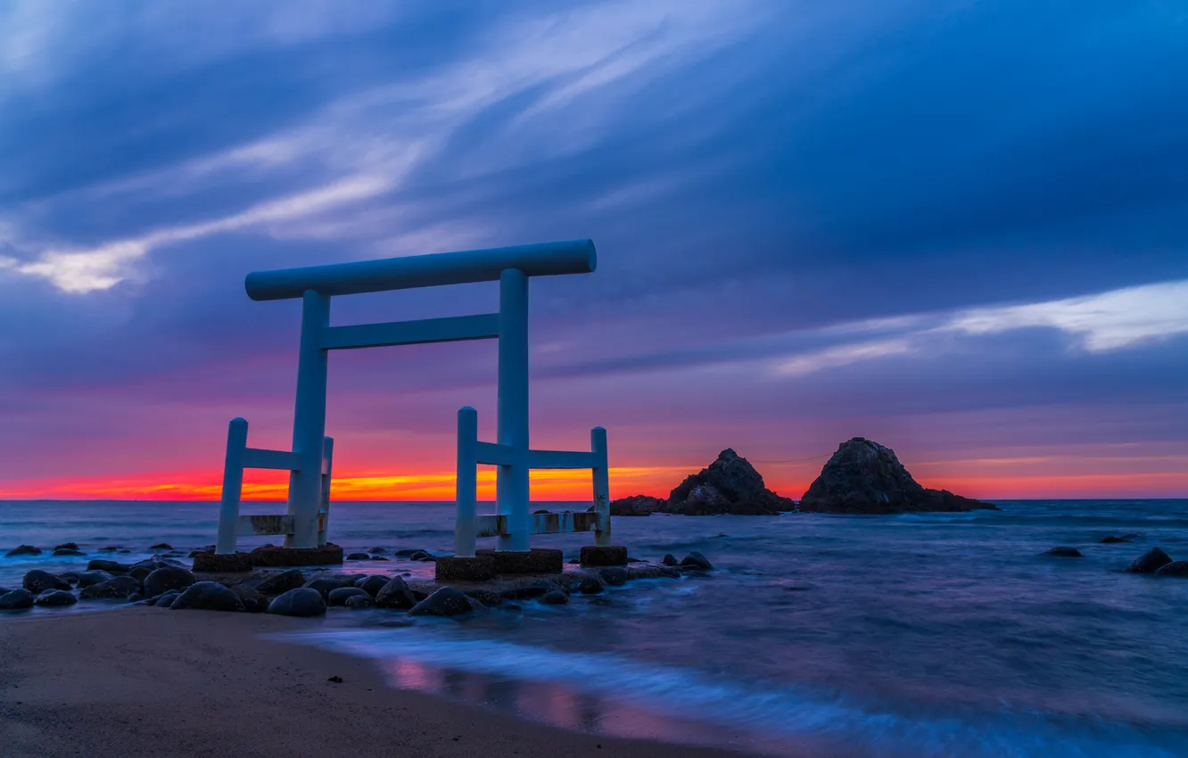 Photo wallpaper sea, beach, sunset, rocks, gate, Japan, Japan, torii