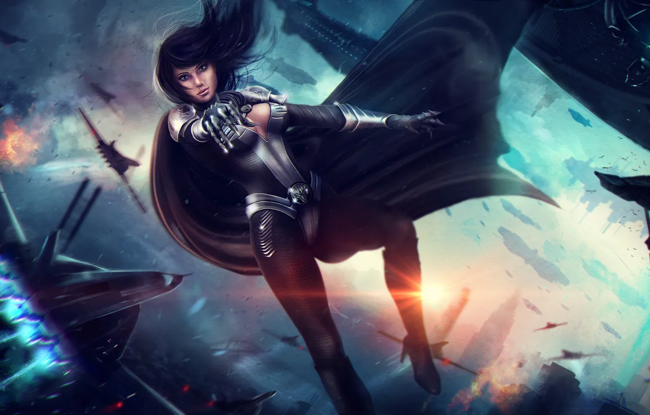 Photo wallpaper look, girl, the explosion, costume, the plane, cloak, superhero, synestra