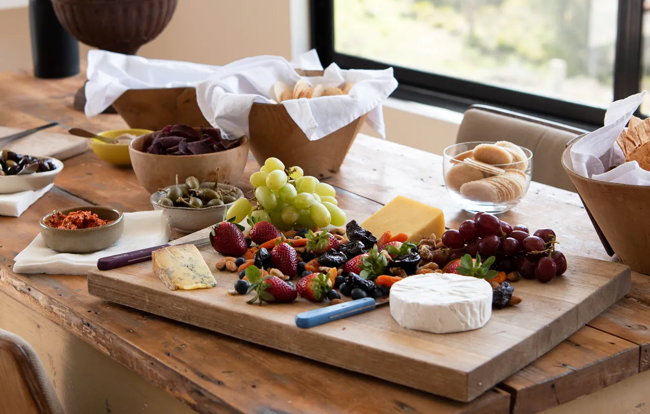 Photo wallpaper berries, cheese, strawberry, grapes