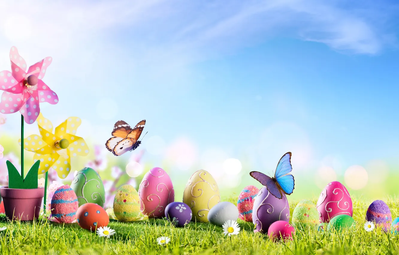 Photo wallpaper flowers, eggs, spring, colorful, Easter, flowers, spring, Easter