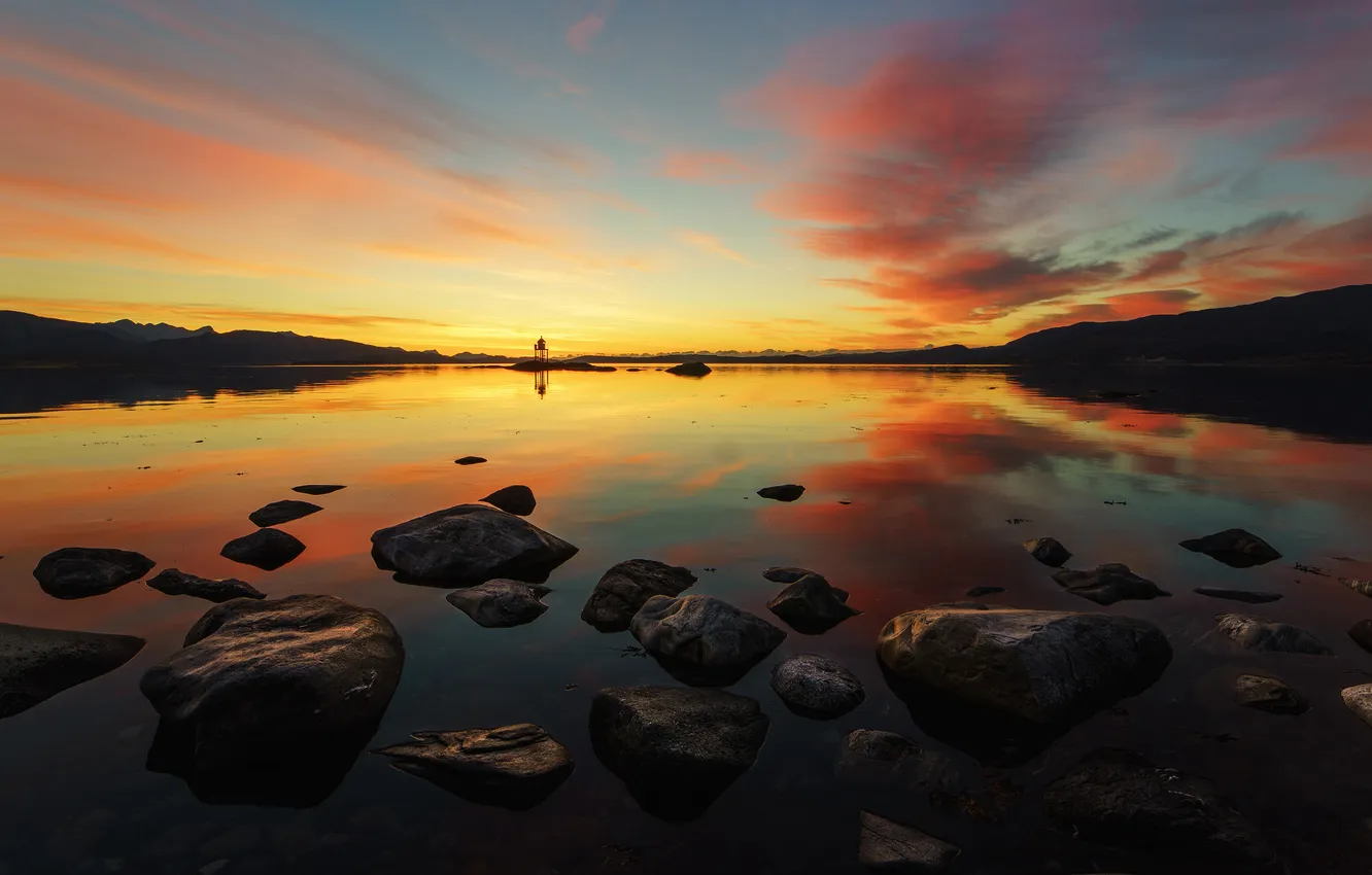 Photo wallpaper forest, the sky, clouds, sunset, reflection, stones, dawn, shore