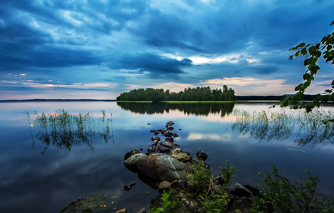 Photo wallpaper FOREST, STONES, HORIZON, The SKY, CLOUDS, REFLECTION, POND, TREES
