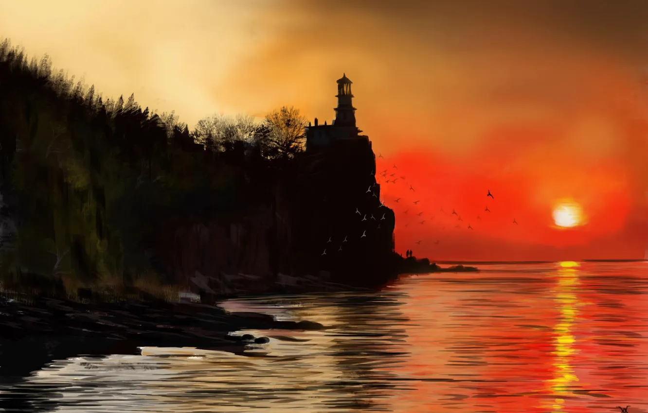 Photo wallpaper sunset, nature, shore, lighthouse, art