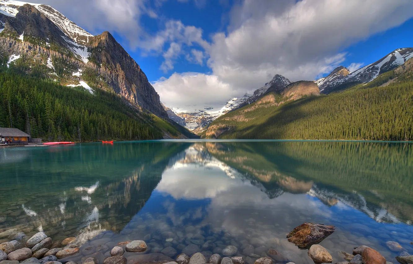 Photo wallpaper forest, the sky, clouds, trees, mountains, reflection, stones, boat