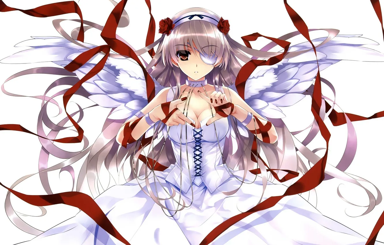 Photo wallpaper girl, roses, wings, dress, art, tape, headband, misaki kurehito