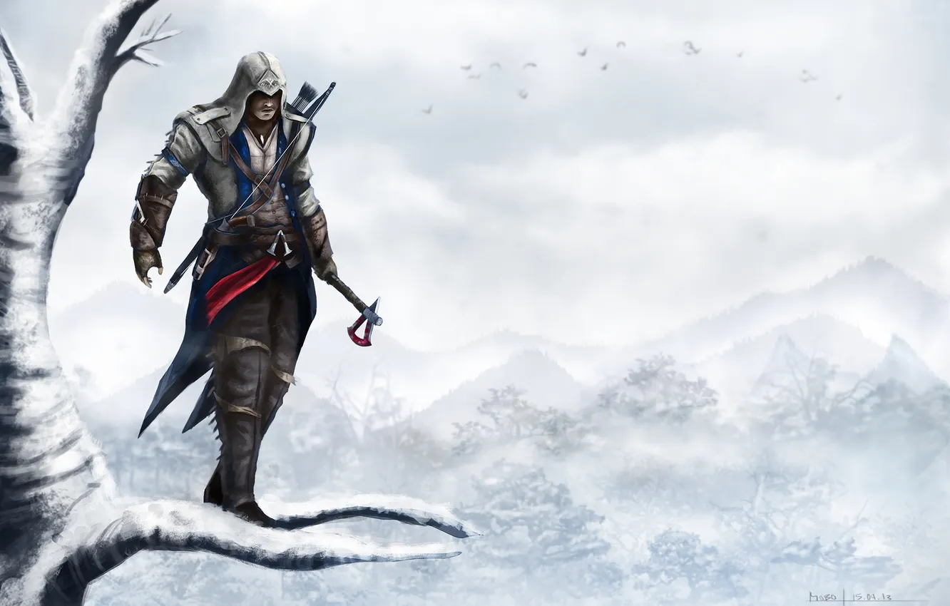 Photo wallpaper snow, tree, branch, sync, assassins creed 3, connor