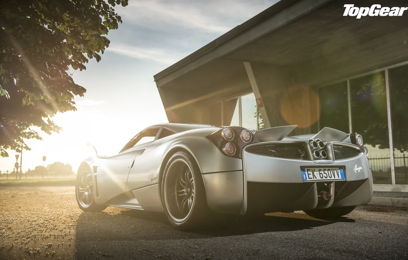 Photo wallpaper the sky, the sun, tree, Top Gear, supercar, Pagani, rear view, the best TV show
