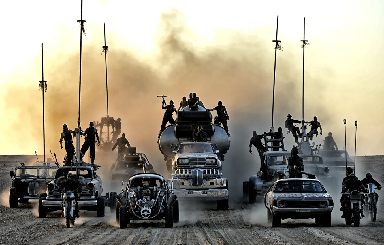 Photo wallpaper machine, desert, dust, warriors, postapocalyptic, Mad Max, Fury Road, Mad Max