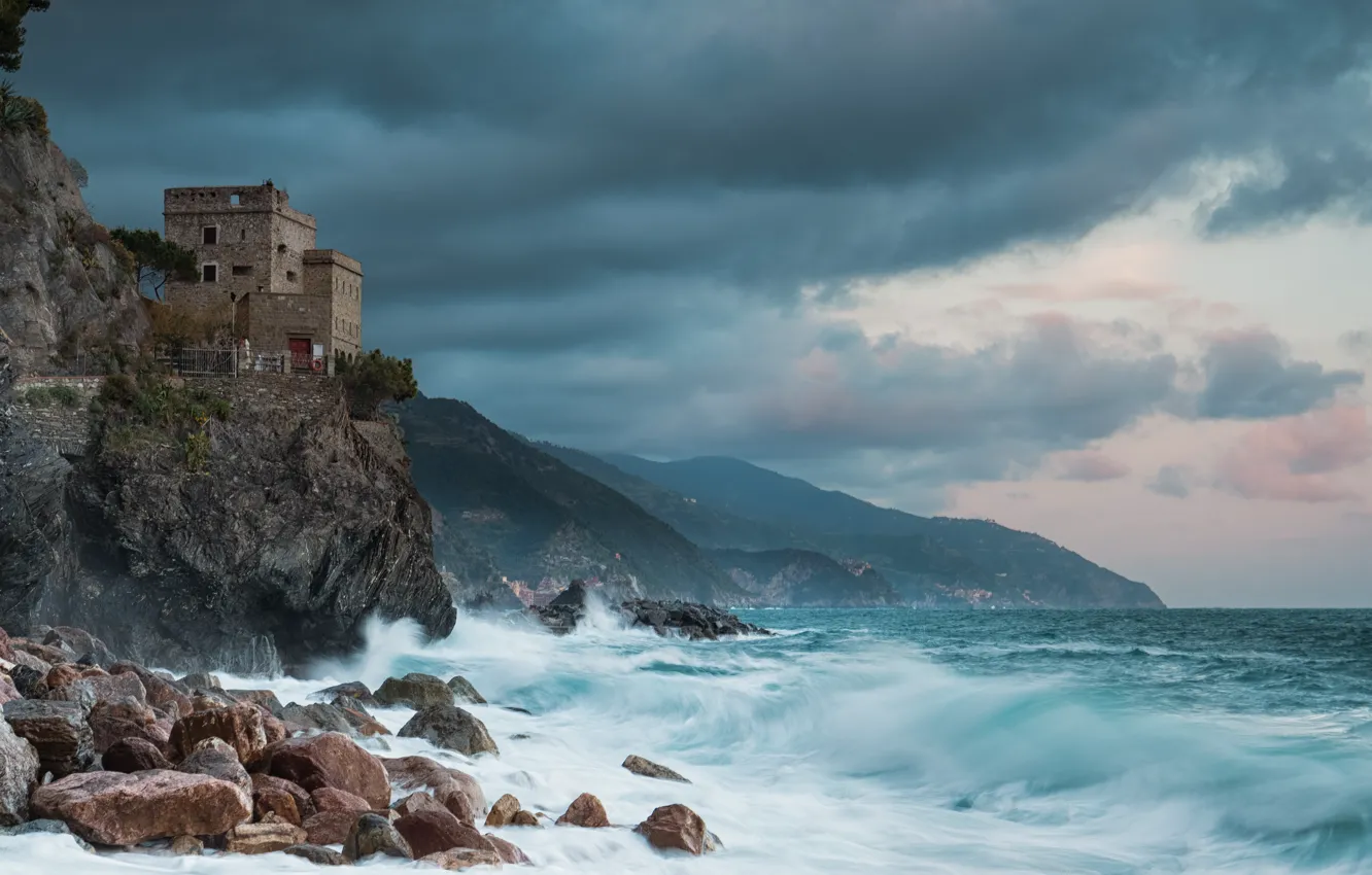Photo wallpaper sea, rock, stones, coast, tower, Italy, Italy, Monterosso al Mare