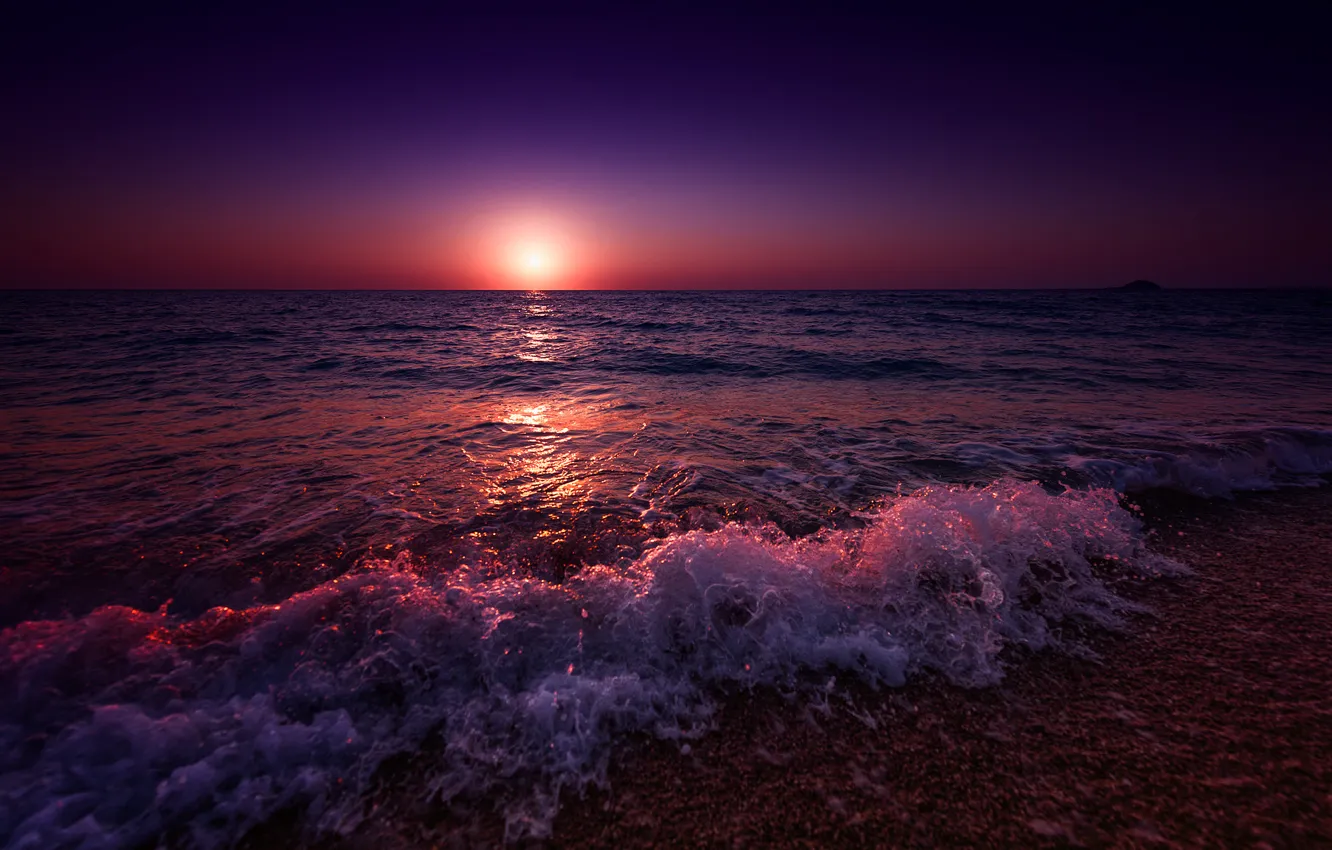 Photo wallpaper the sky, the sun, sunset, shore, coast, the evening, Greece, surf