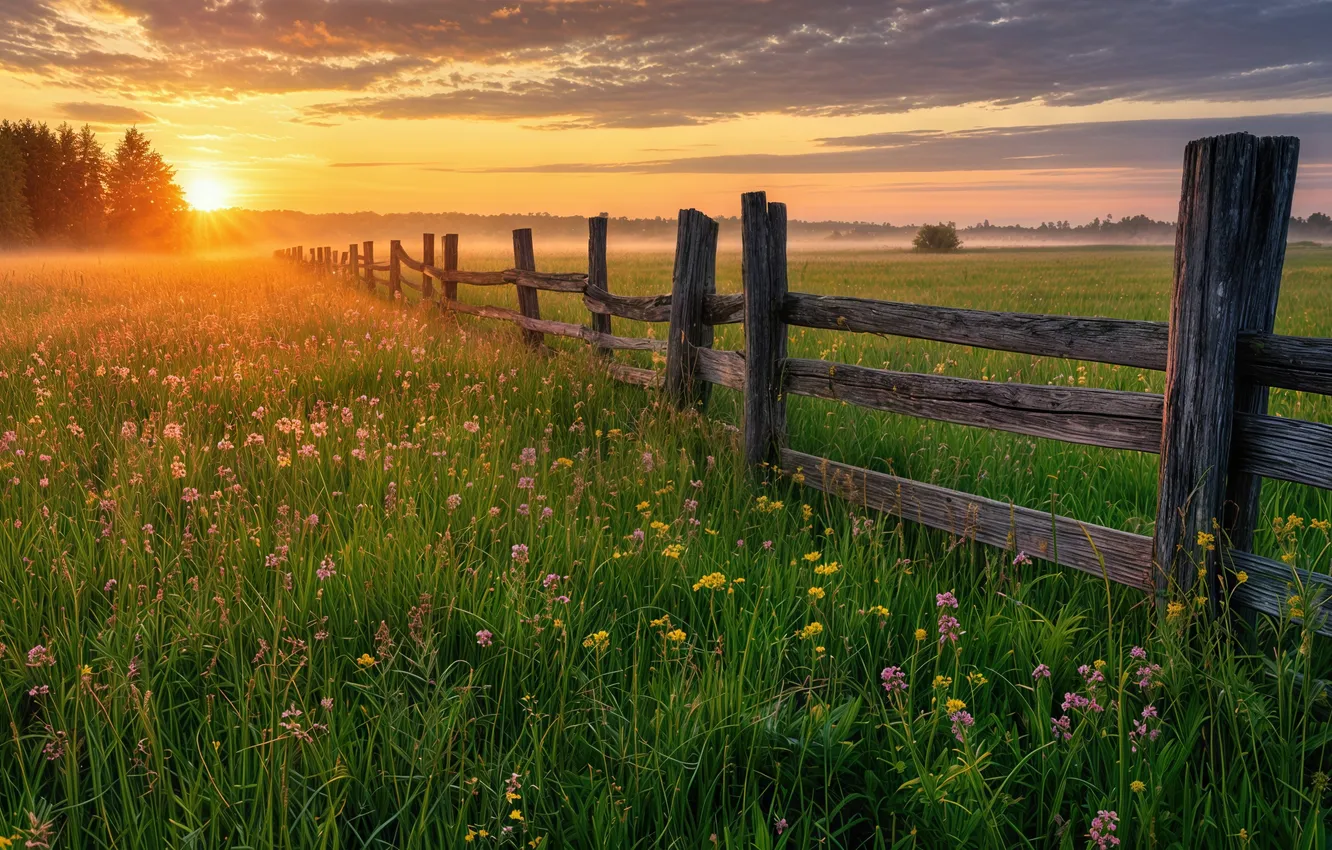 Photo wallpaper field, the fence, AI art, neural network