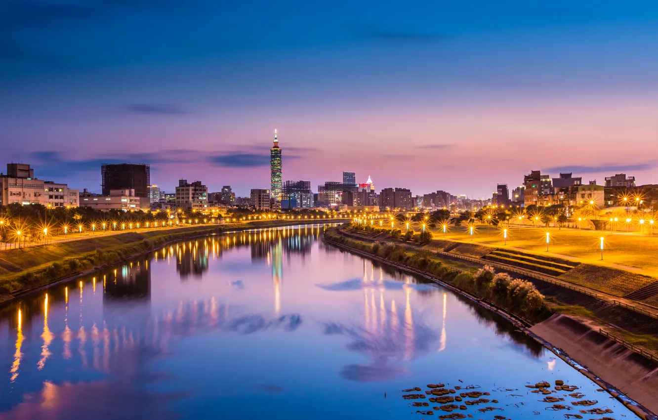 Photo wallpaper the sky, light, blue, city, the city, lights, lights, reflection