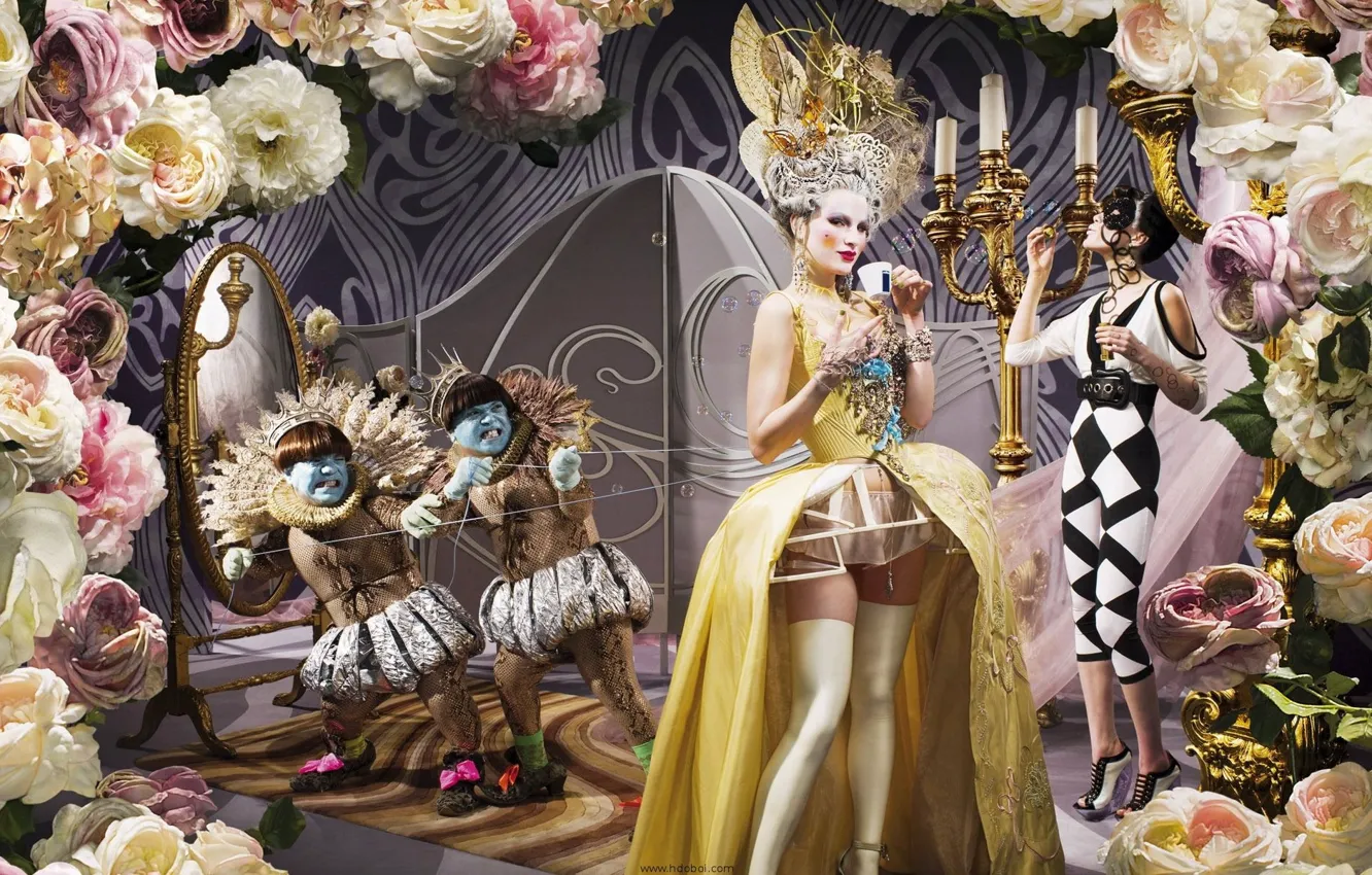 Photo wallpaper flowers, mirror, bubbles, Collage, corset, mole, Queen, candle holder