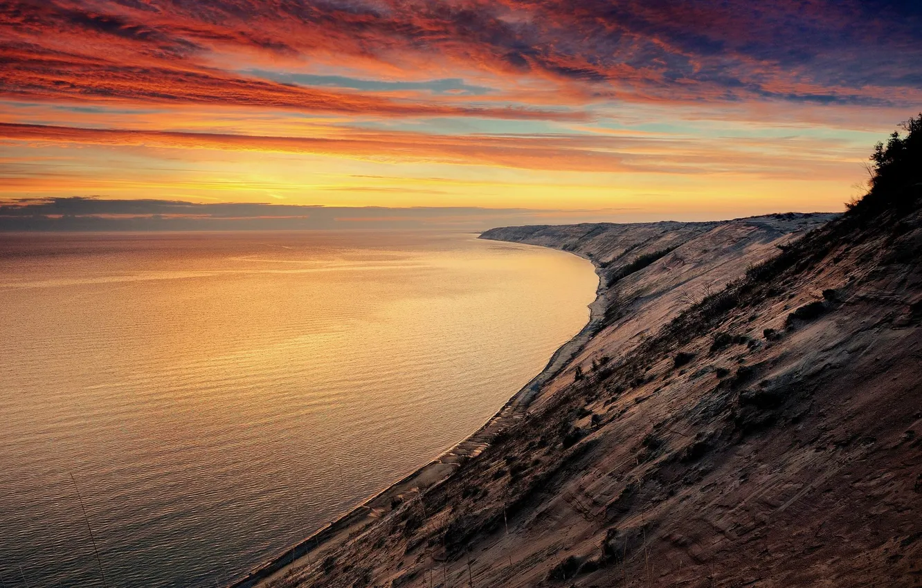 Photo wallpaper freedom, coast, the evening, horizon, space, beautiful landscape, the crimson sky