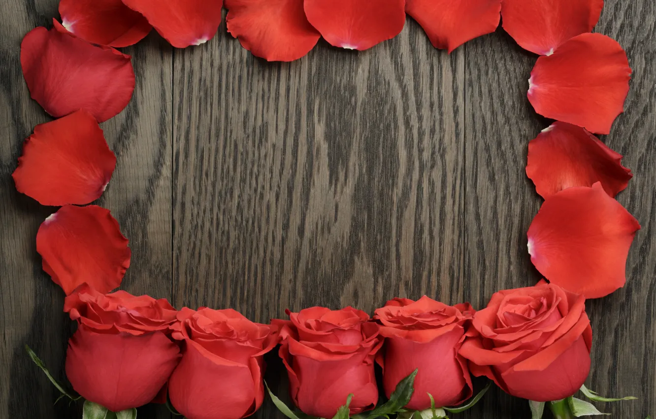 Photo wallpaper bouquet, petals, red, wood, romantic, roses, red roses
