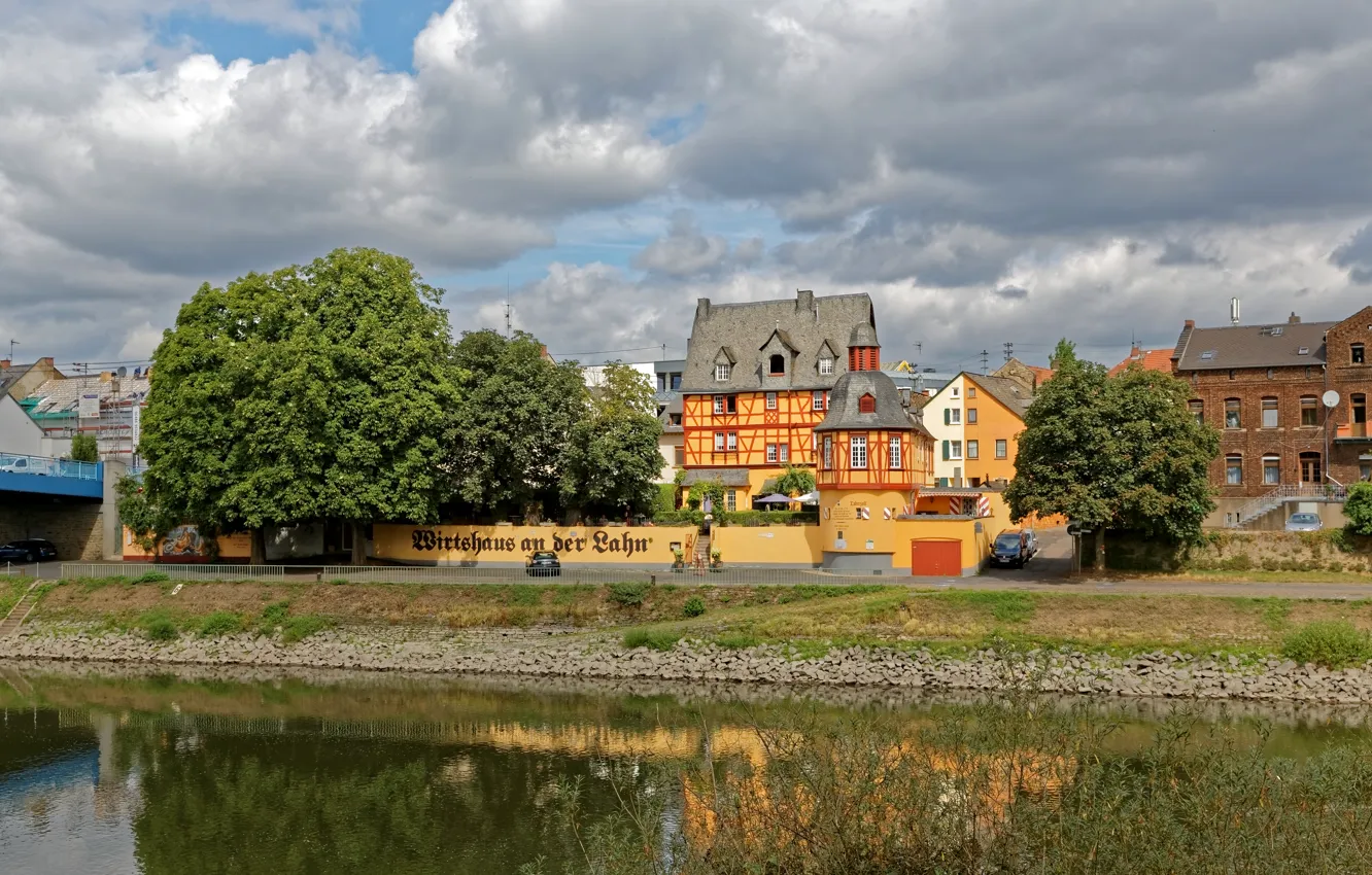 Photo wallpaper clouds, trees, river, shore, home, Germany, Lahnstein