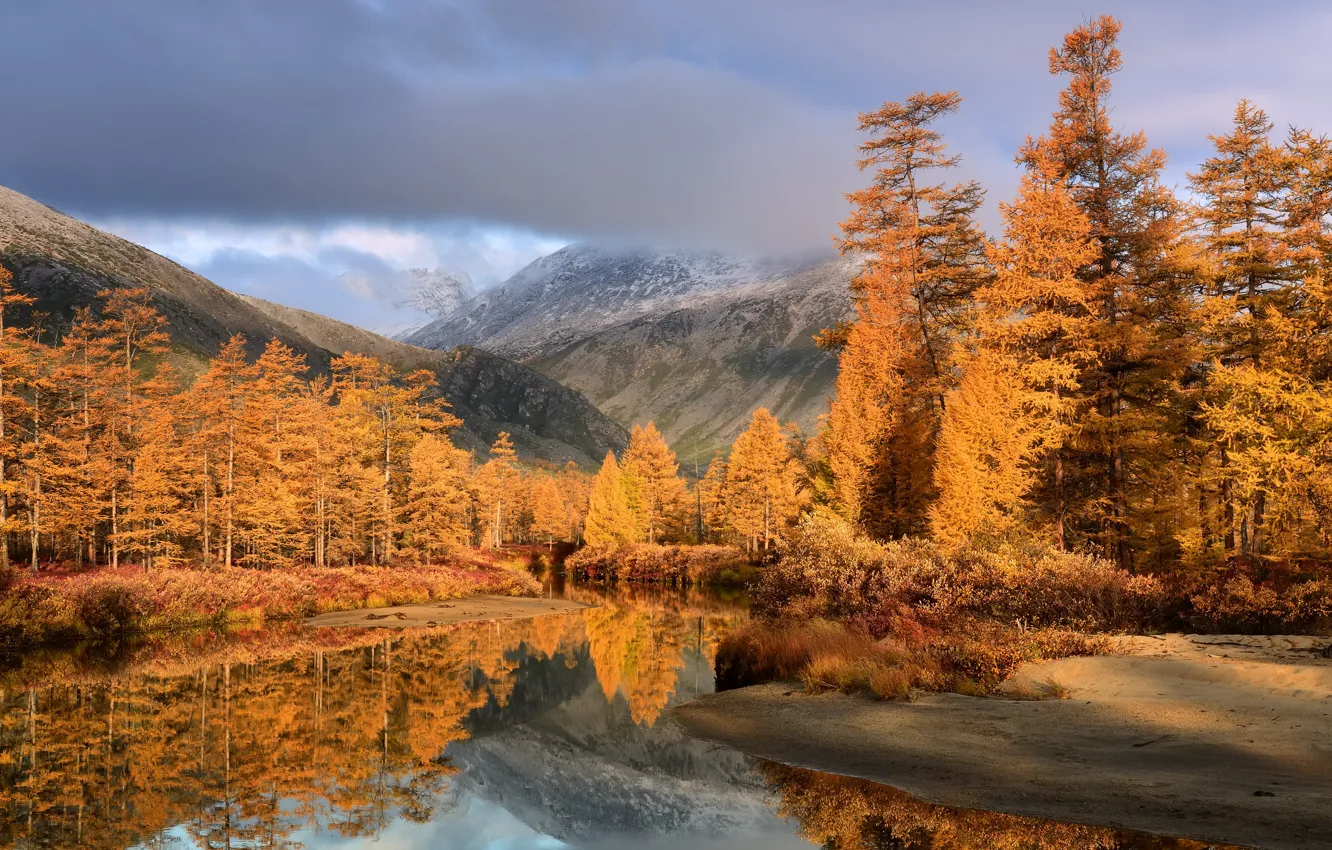 Photo wallpaper autumn, clouds, trees, landscape, mountains, nature, reflection, river