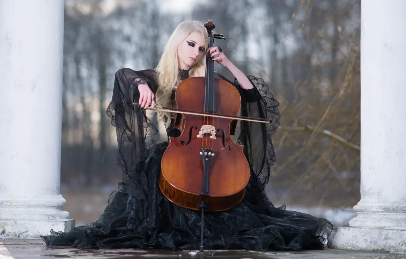 Photo wallpaper winter, violin, blonde, black dress, Maria Amanda, Stock, Winters Melody