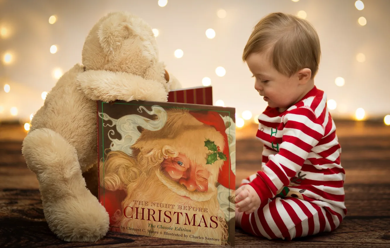 Photo wallpaper toy, child, New Year, Christmas, bear, book, Christmas, New Year