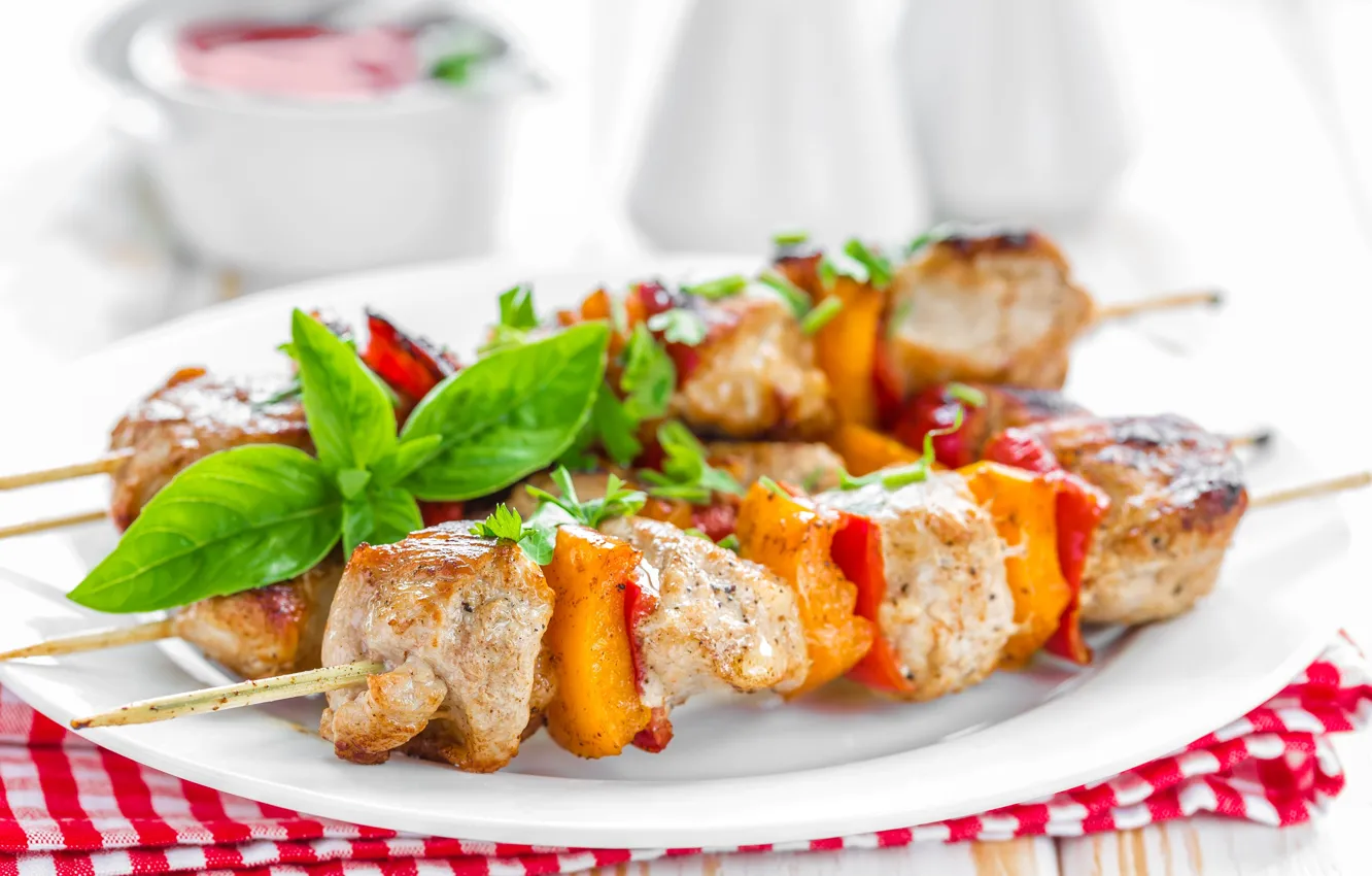 Photo wallpaper meat, vegetables, kebab, Basil