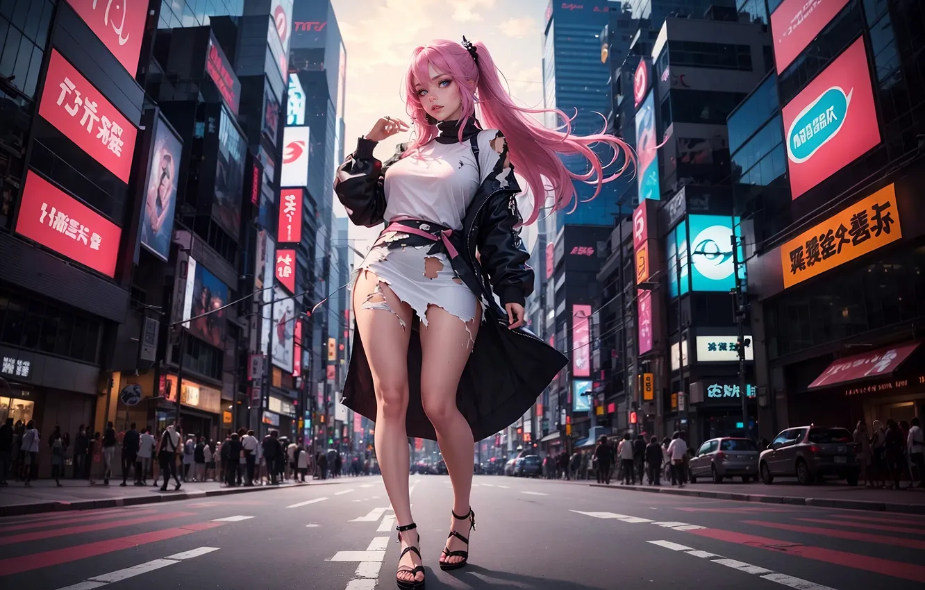 Photo wallpaper legs, anime, figure, hair, a city, skyscapes, free photo, neural network