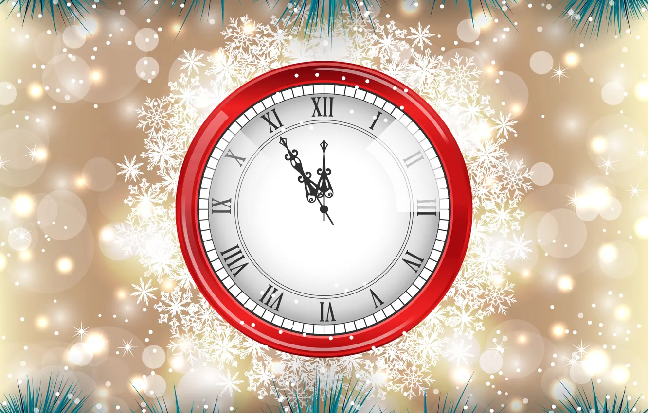 Photo wallpaper snowflakes, glare, holiday, watch, vector, New year, tinsel, midnight