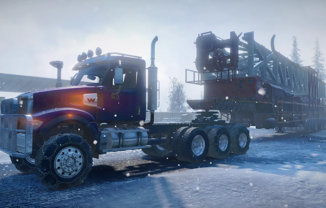 Photo wallpaper HDR, Winter, Lights, Snow, Truck, Game, Trees, Cold