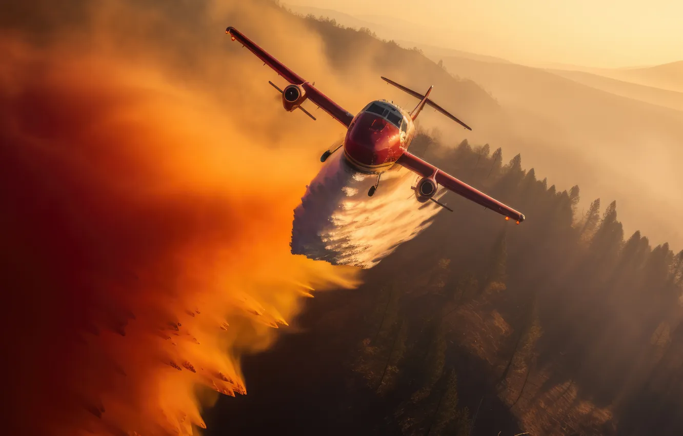 Photo wallpaper The plane, Trees, Smoke, Fire, Digital art, Water discharge, Fire plane, AI art