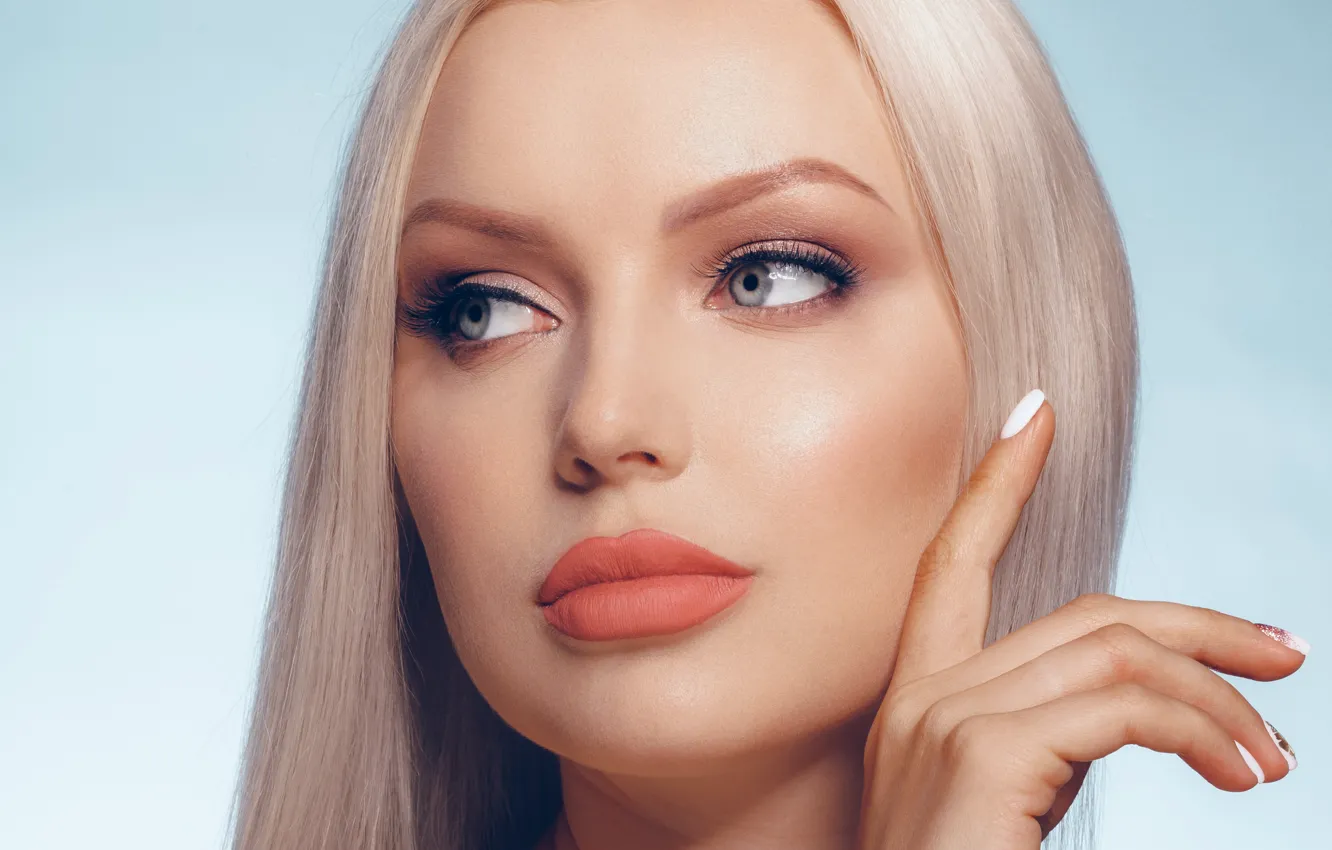 Photo wallpaper look, girl, face, hands, makeup, gesture, porter