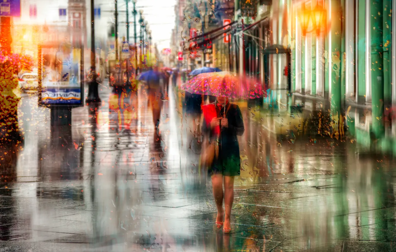 Photo wallpaper girl, drops, rain, umbrella, Saint Petersburg, Russia, Nevsky Prospekt
