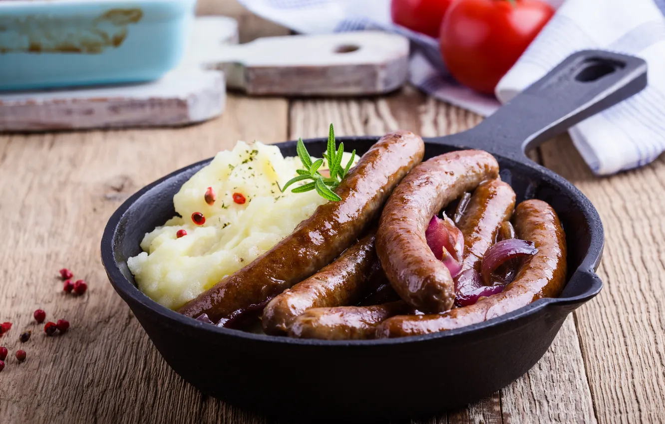 Photo wallpaper food, table, sausage, cooking, potato, mash, casserole, caramelized