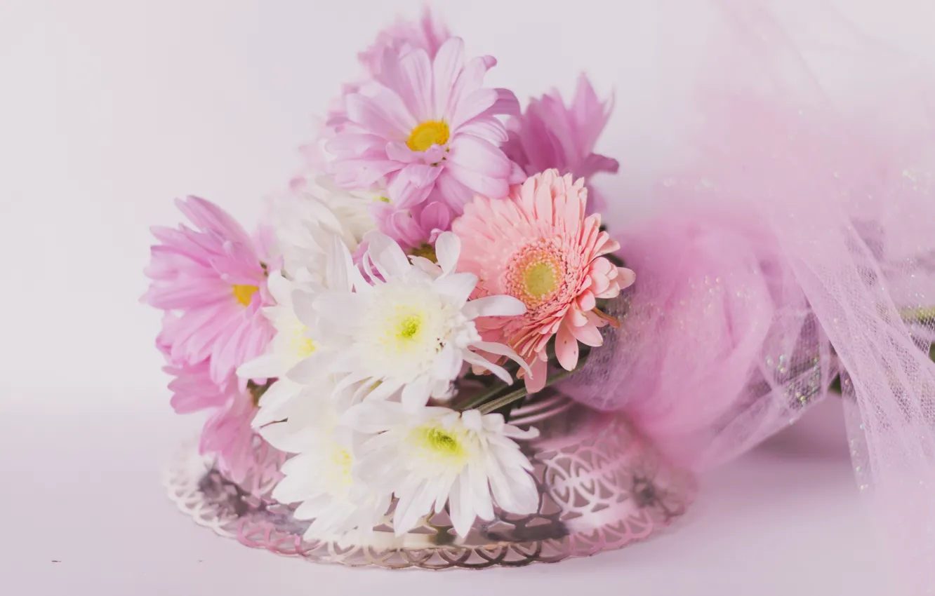 Photo wallpaper flowers, background, bouquet, colorful, chrysanthemum, bokeh, tulle