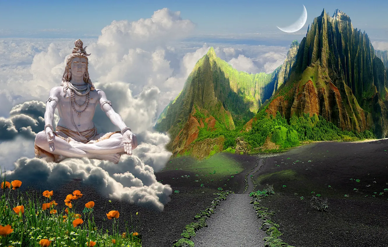 Photo wallpaper road, the way, calm, Maki, space, the clouds, the tops of the mountains, Shiva