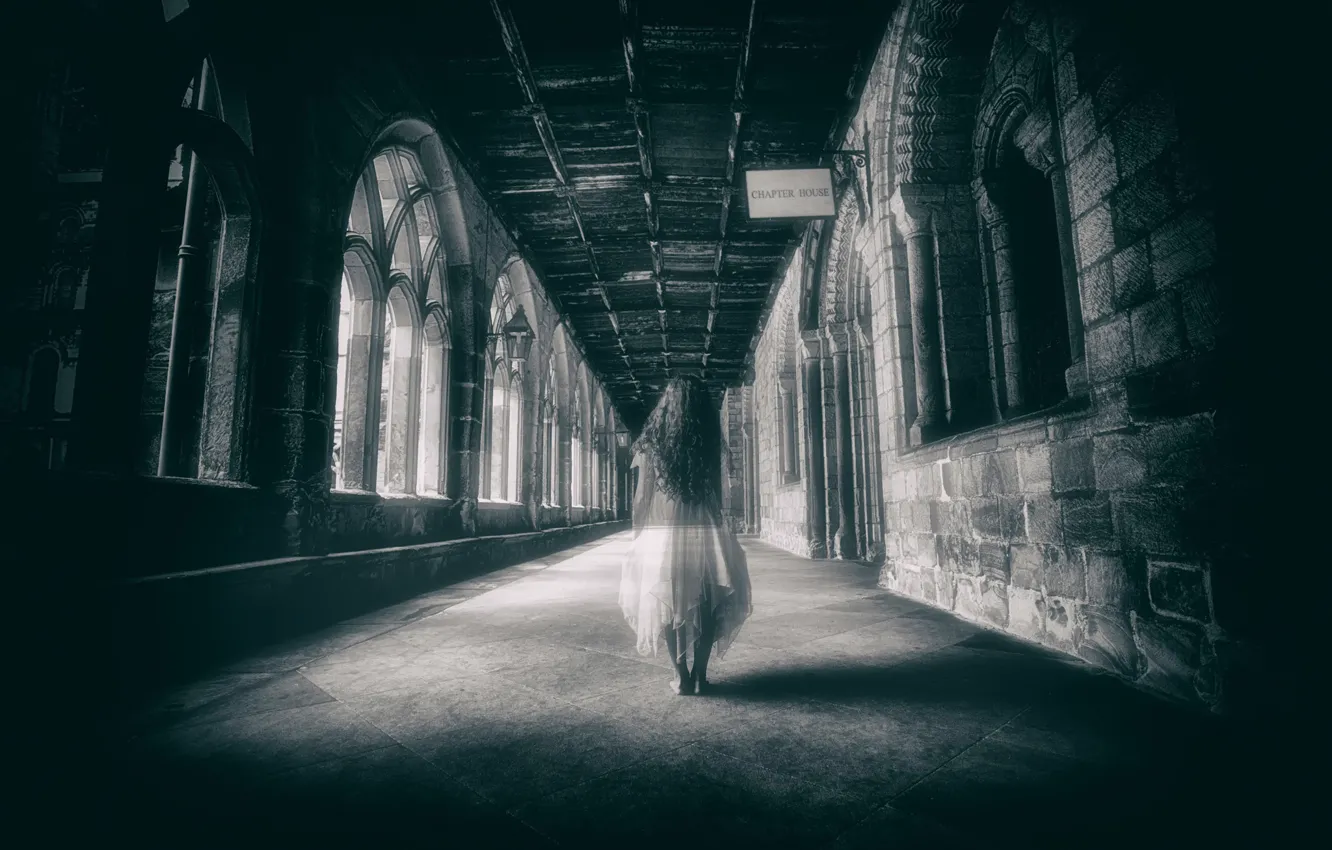 Photo wallpaper castle, corridor, Ghost, girl, Alone