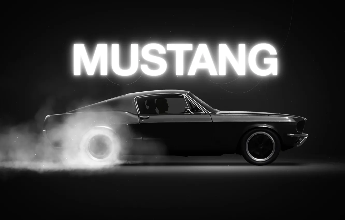Photo wallpaper Mustang, Ford, Auto, Black, Figure, Smoke, Neon, Machine