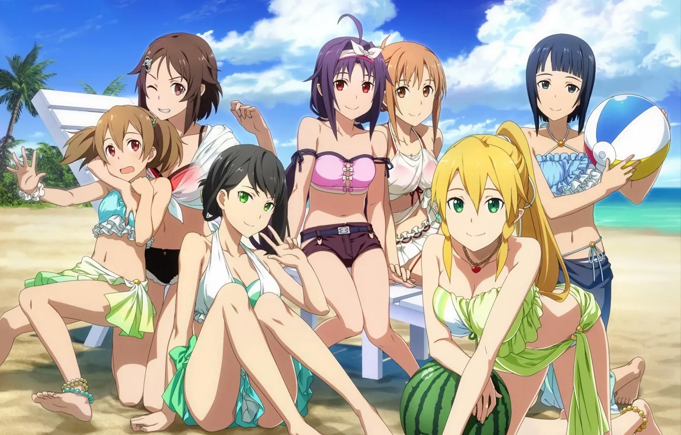 Photo wallpaper girl, sexy, cleavage, beach, shorts, green eyes, long hair, sea