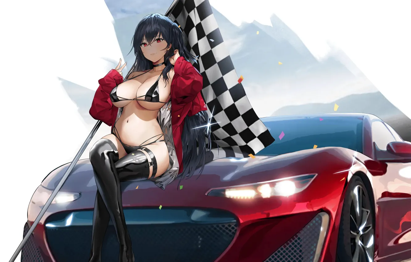 Photo wallpaper girl, sexy, cleavage, thighhighs, long hair, boobs, anime, beautiful