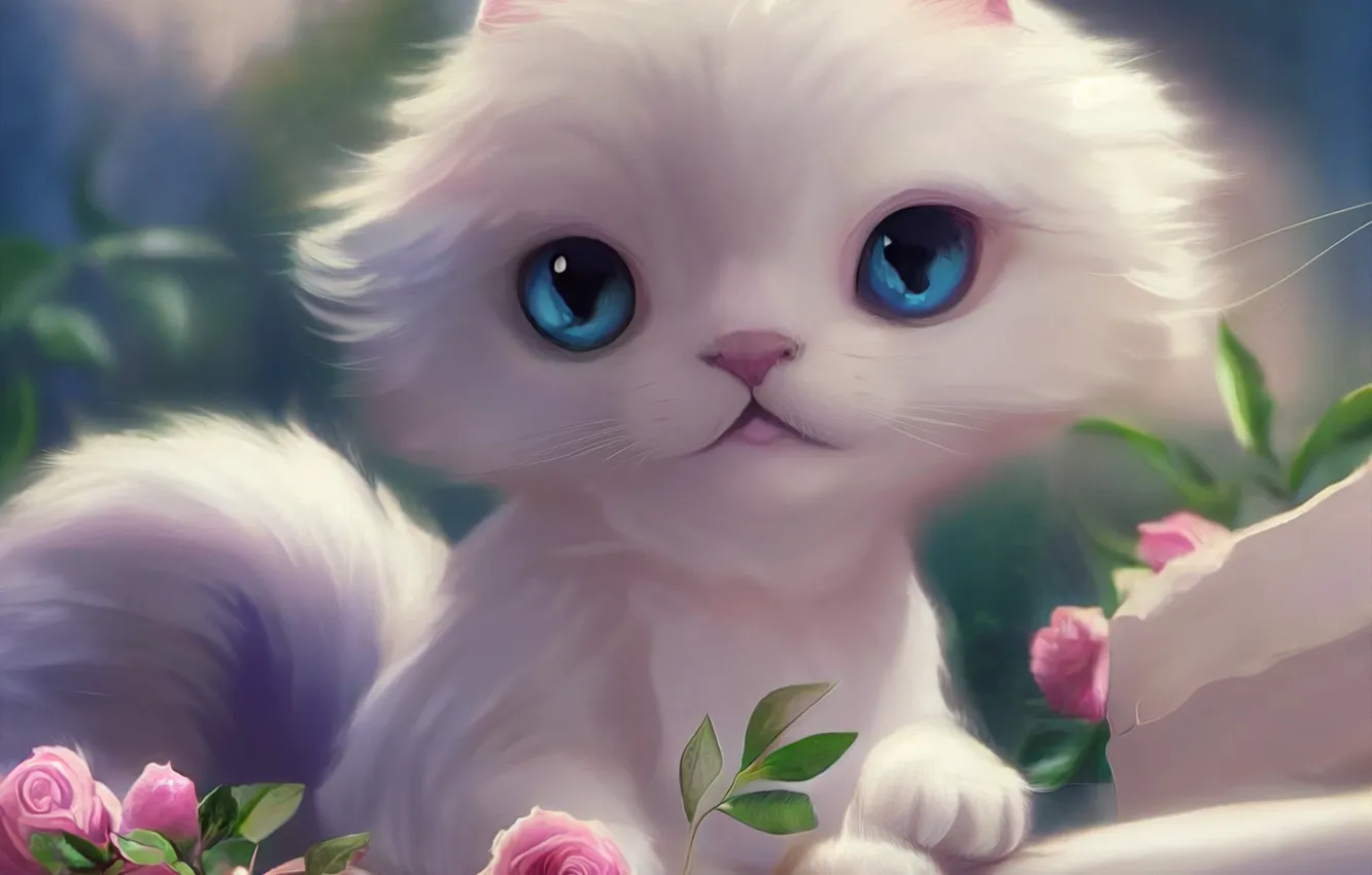 Photo wallpaper cat, white, flowers, kitty, roses, art, muzzle, blue eyes