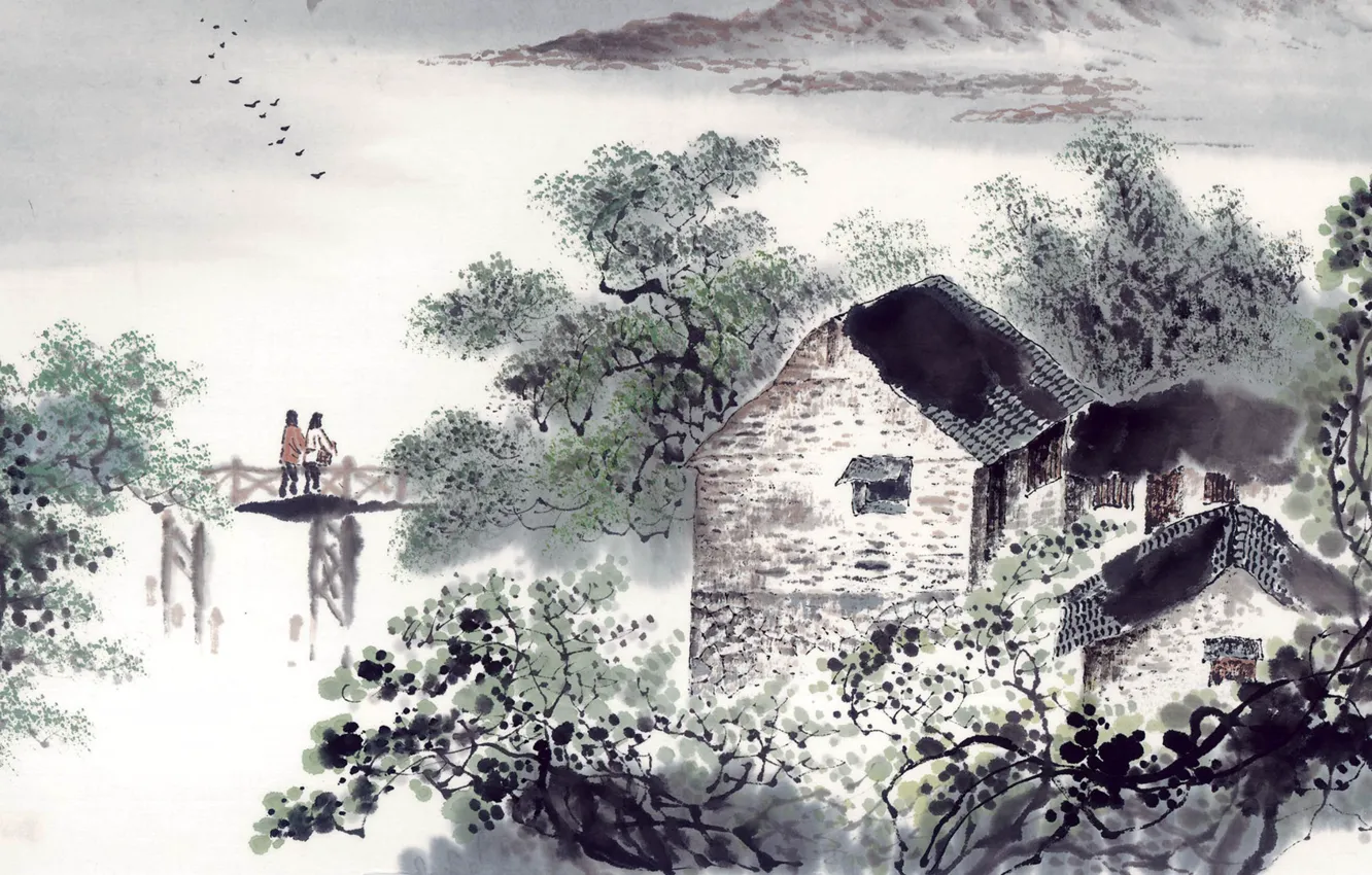 Photo wallpaper landscape, art, house, two, the bridge