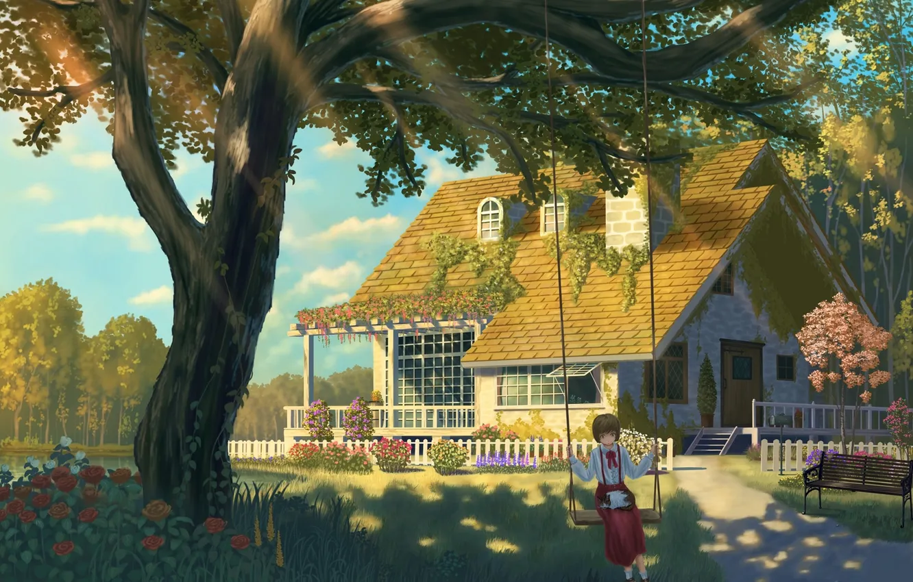 Photo wallpaper cat, girl, trees, flowers, nature, swing, home, roses