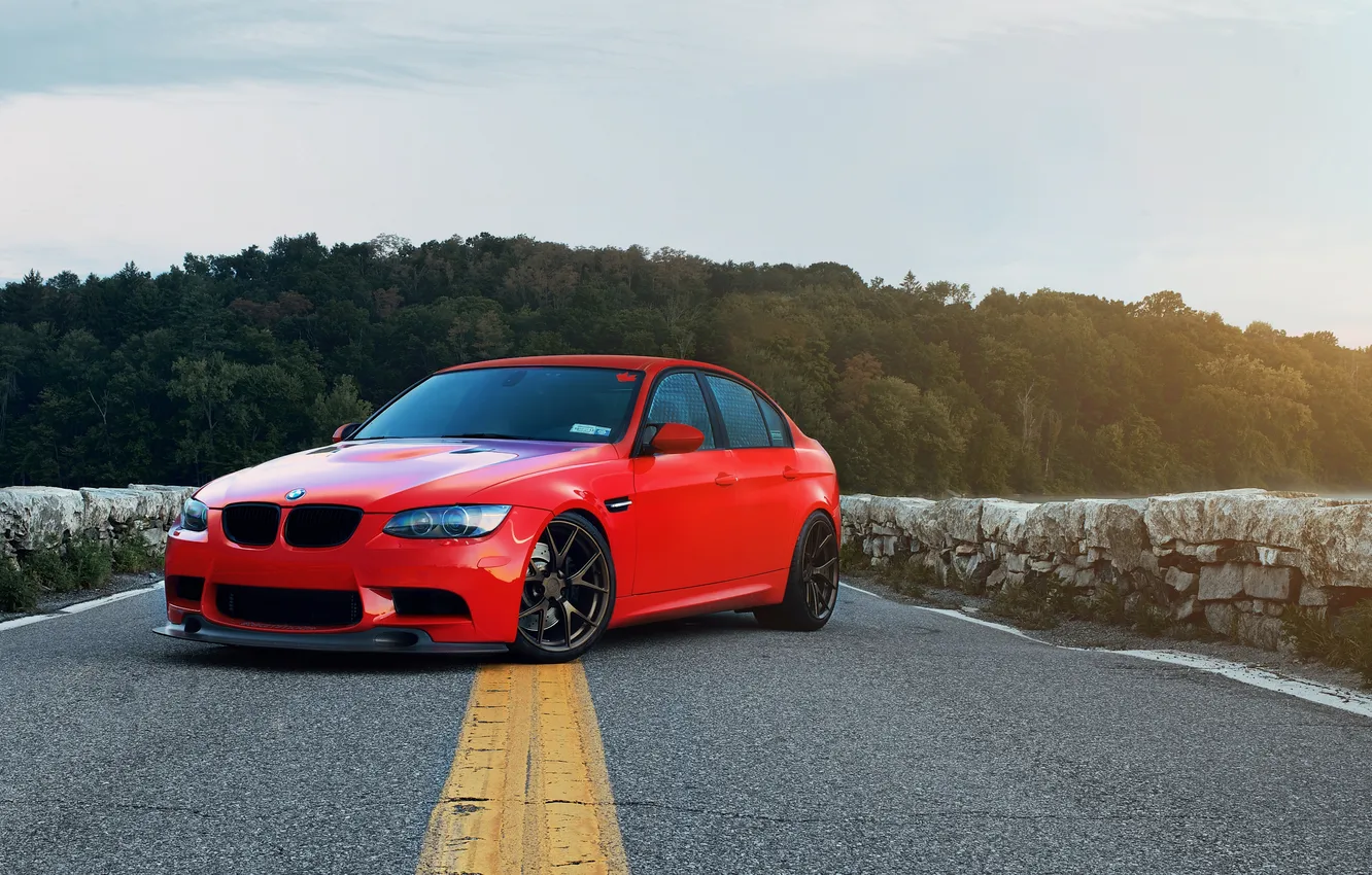 Photo wallpaper road, red, bridge, markup, BMW, BMW, red, E90