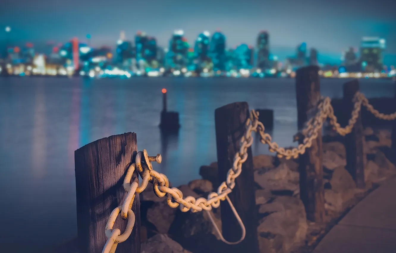Photo wallpaper road, night, the city, photo, posts, chain, CA, California