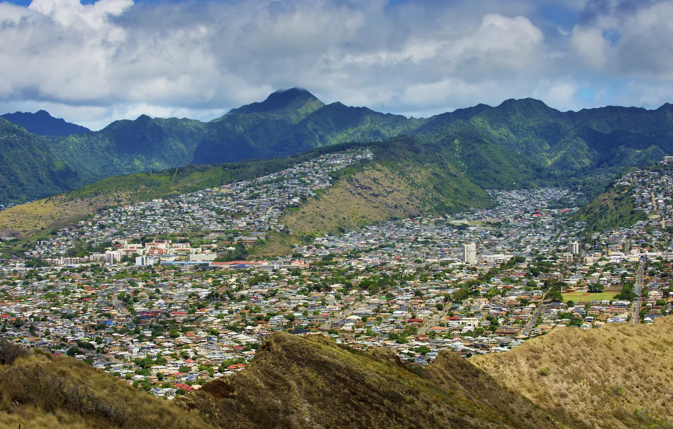 Photo wallpaper mountains, home, valley, Hawaii, USA, urbanization