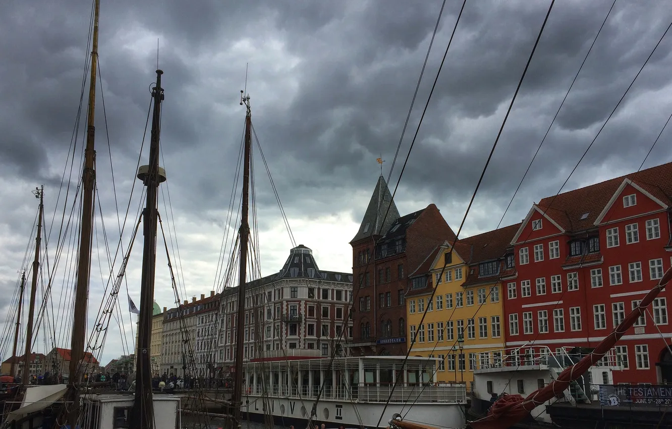 Photo wallpaper the sky, clouds, ship, home, roof, mast, Copenhagen, Denmark