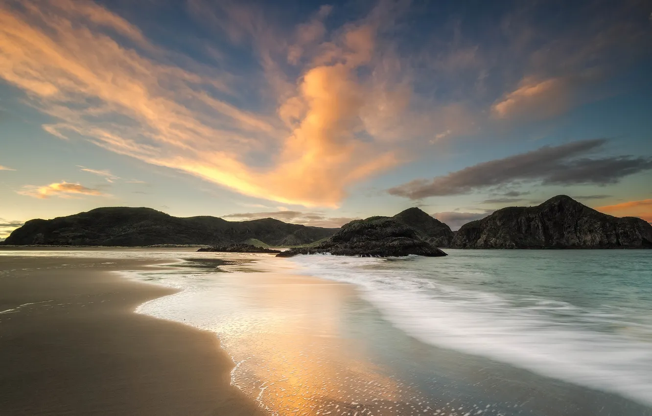 Photo wallpaper beach, landscape, sunset, mountains, the ocean, island