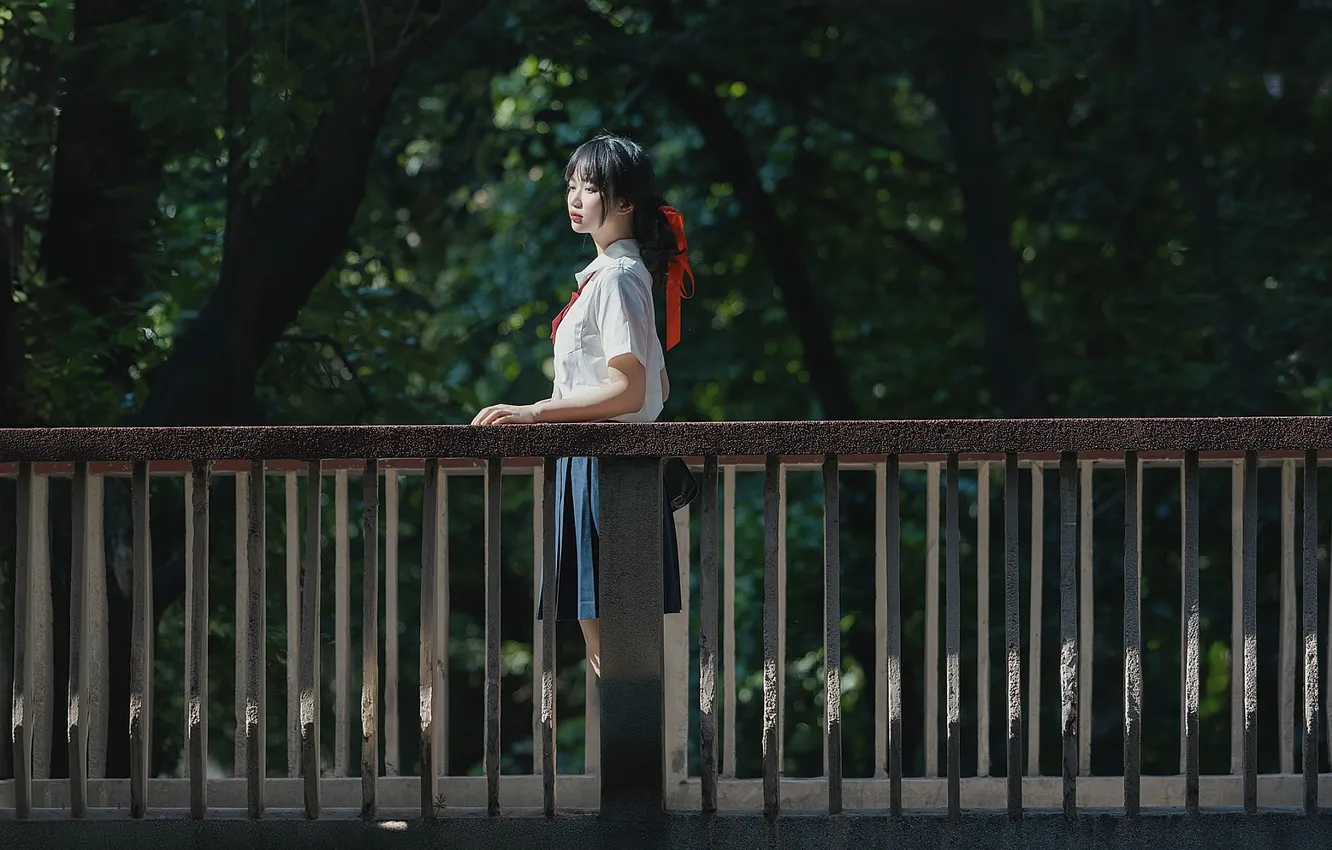 Photo wallpaper trees, woman, beautiful, model, pretty, asian, bag, cute