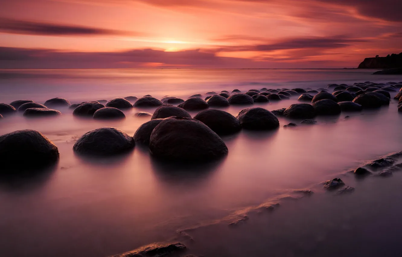 Photo wallpaper sea, beach, sunset, stones, shore