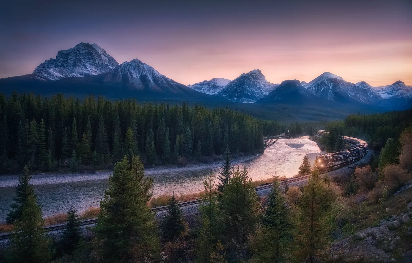 Photo wallpaper forest, trees, mountains, river, train, Canada, railroad, Albert