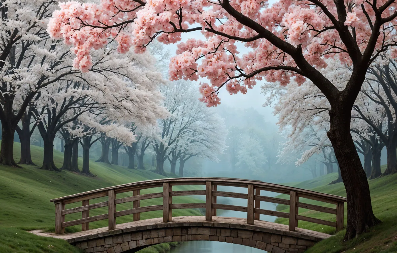 Photo wallpaper trees, Park, spring, Sakura, flowering, trees, pink, blossom